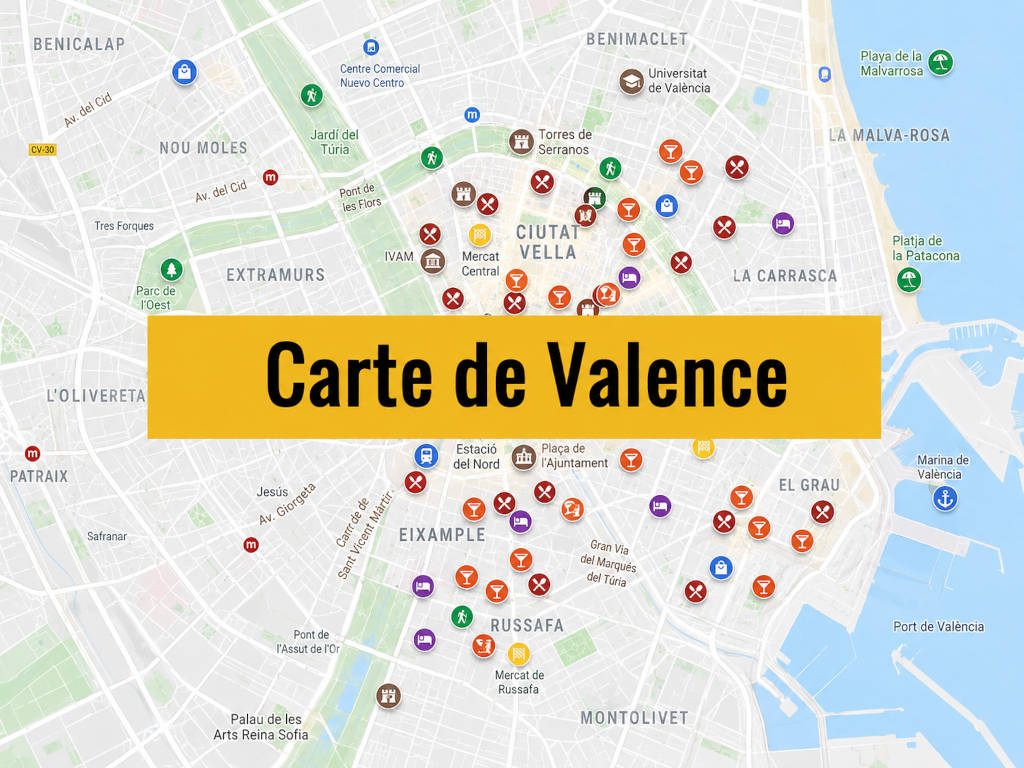 Lire la suite à propos de l’article Carte de Valence (Espagne) : Tous les lieux du guide