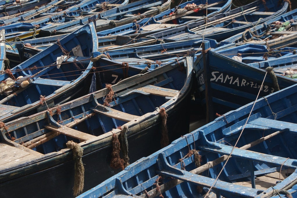 Bateaux de pêche bleus dans le port d'Essaouira.