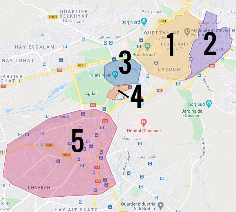 Carte des quartiers de Fès : 1. Medina rive des Karouanais (la plus touristique) 2. Medina rive des Andalous 3. Quartier El Jdid 4. Mellah, ancien quartier juif 4. Ville Nouvelle de Fès