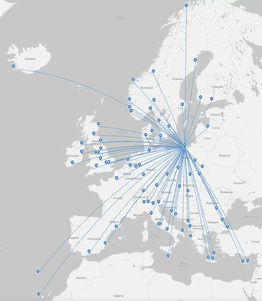 Connexions et réseau de l'aéroport Lech Walesa de Gdansk.