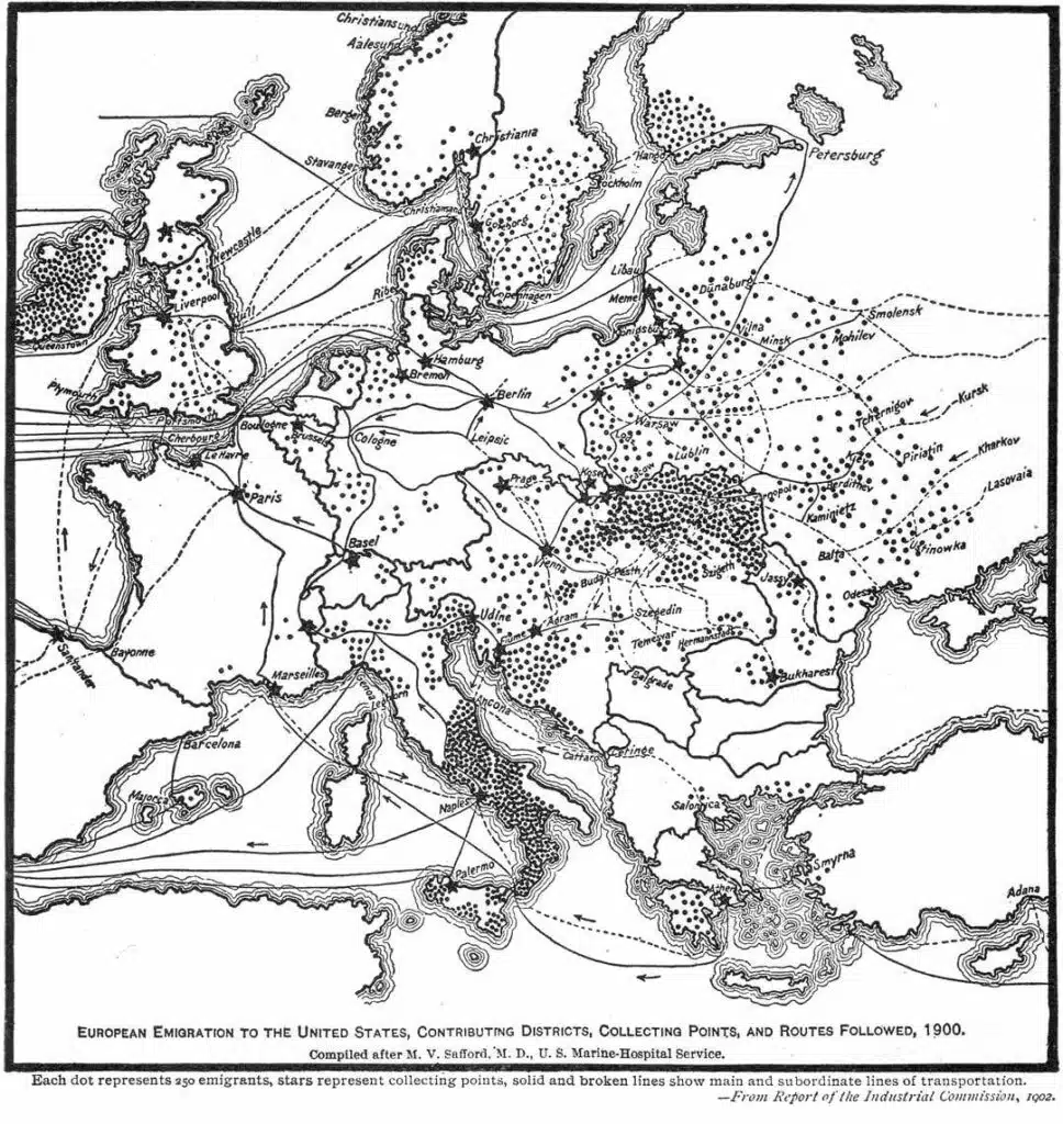 Route d'émigration vers les Etats-Unis en 1900. Chaque points représentent 250 immigrés.