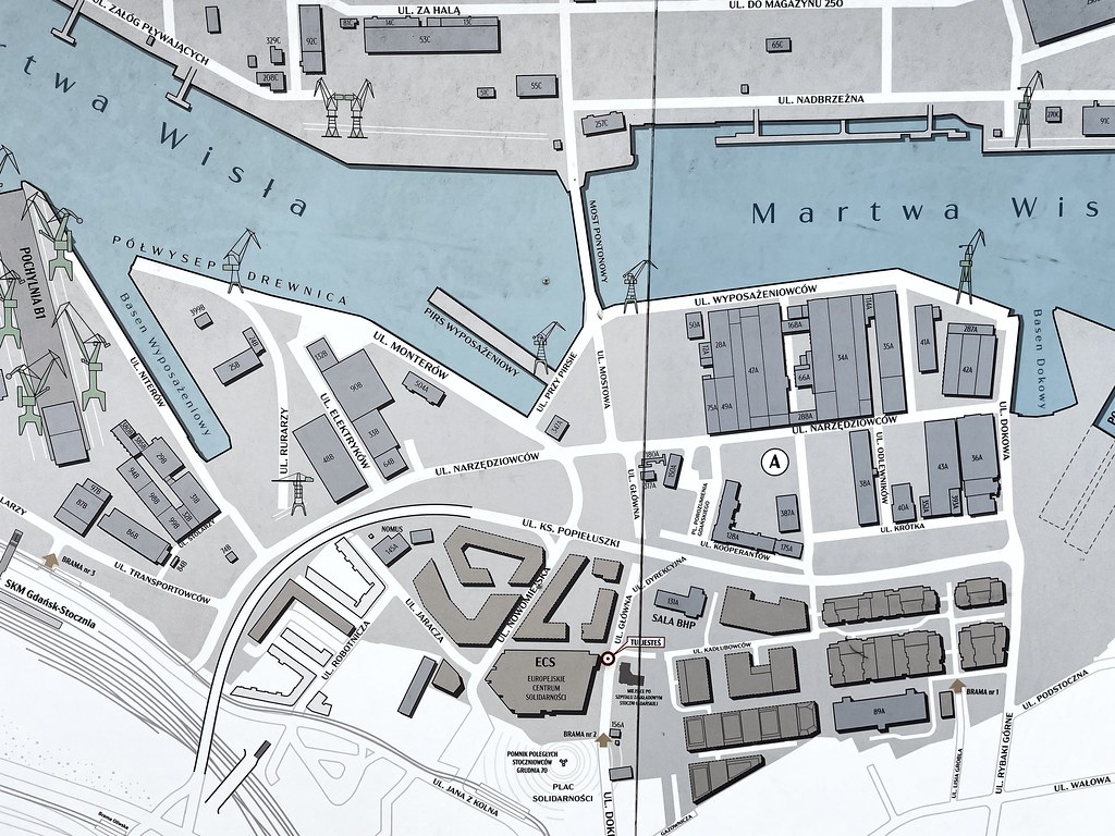 Carte du quartier de Stocznia à Gdansk : Gris clair pour les bâtiments historiques (plutôt au nord), gris foncée pour les nouveaux batiments (plutôt au sud).