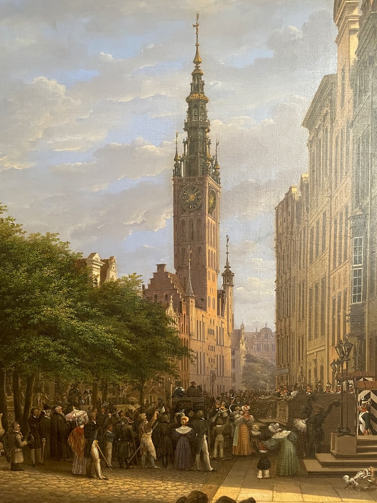Hotel de ville historique de Gdansk sur une toile de Michael Carl Gregorovius célébrant l'arrivée du Prince Frederic Wilhelm (1835).