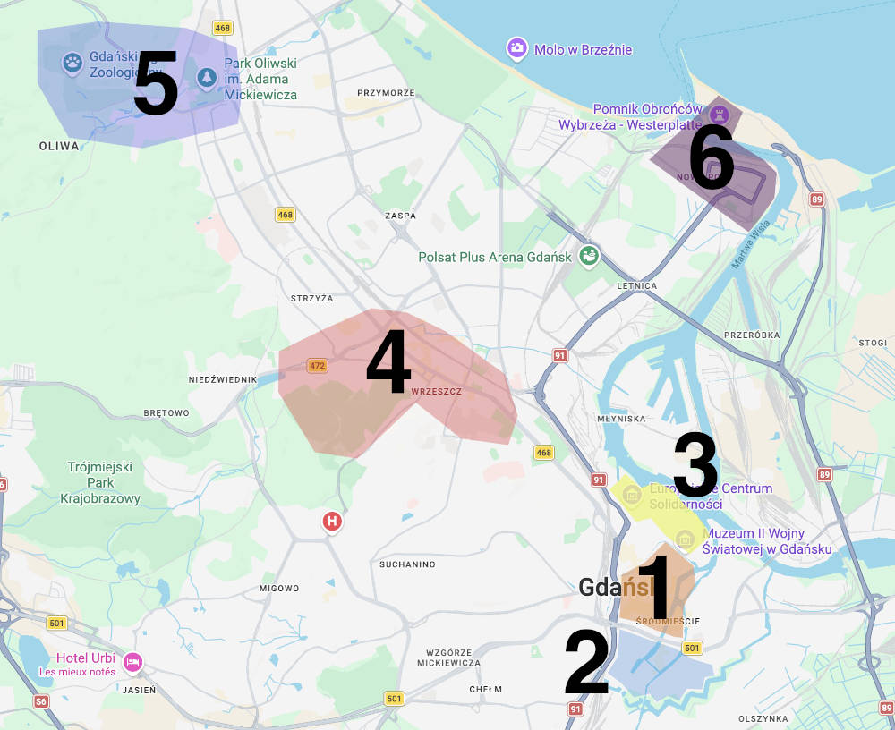 Carte des quartiers de Gdansk : 1. Centre historique (Glowne Miasto et Stare Miasto) 2. Quartier de Dolne Miasto ou ville basse 3. Quartier de la Stocznia ou Chantier naval 4. Quartier de Wrzeszcz 5. Quartier d'Oliwa 6. Quartier de Nowy Port.