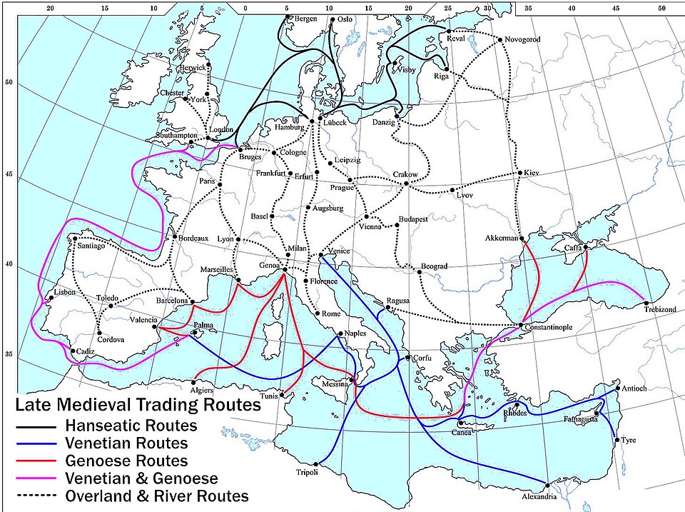Carte des routes commerciales en Europe au Moyen-age. Seules les villes principales sont notées. En noir, le réseau de la Ligue Hanséatique. Image de Lampman - Licence c0