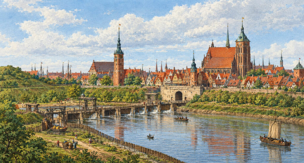 Porte saint Jacob (aujourd'hui disparue) donnant sur le quartier de Dolne Miasto au sud de Gdansk. Gravure de Matthaus Deisch colorisée. Licence c0.
