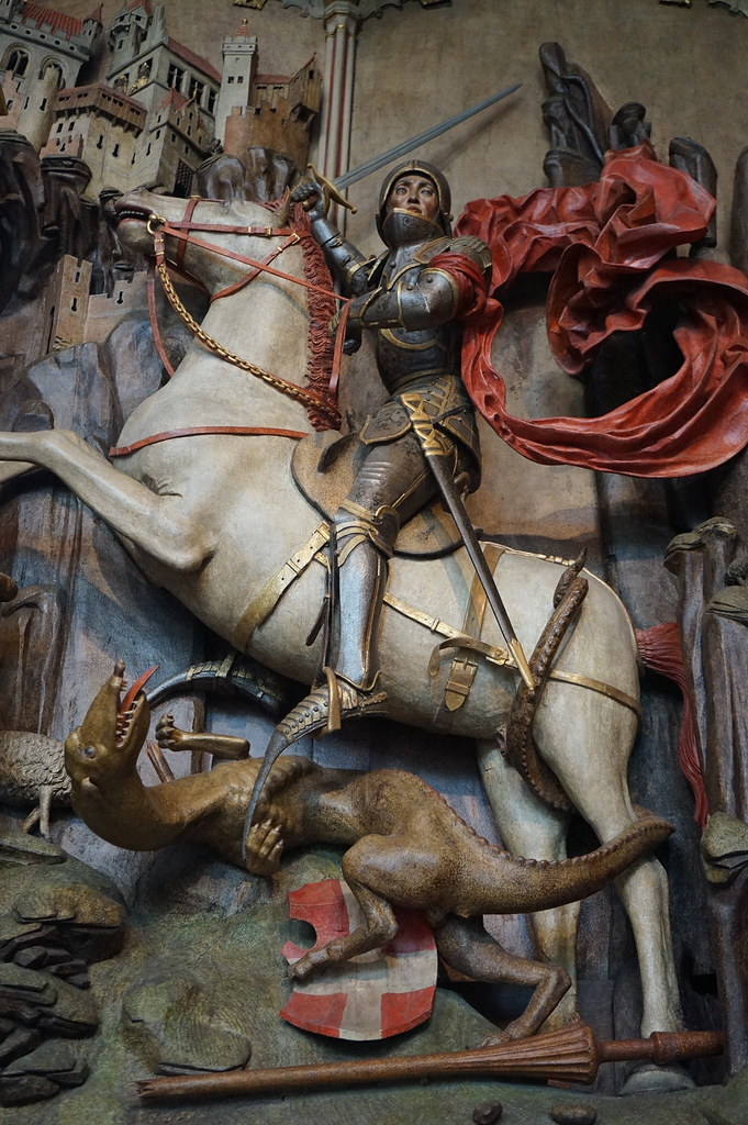 Statue de Saint Georges terrassant le dragon (symbole du mal dans l'Europe chrétienne) dans la Cour d'Artus à Gdansk.