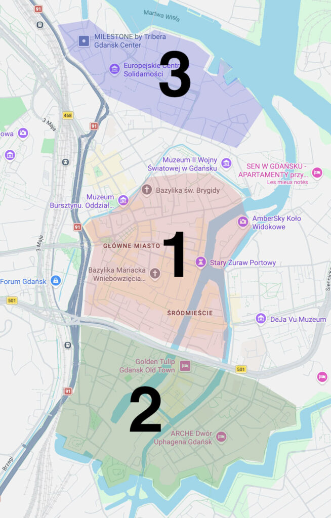 Carte des quartiers du centre de Gdansk : 1. Centre historique (Glowne Miasto et Stare Miasto) 2. Dolne Miasto ou ville basse 3. Stocznia ou Chantiers navals.