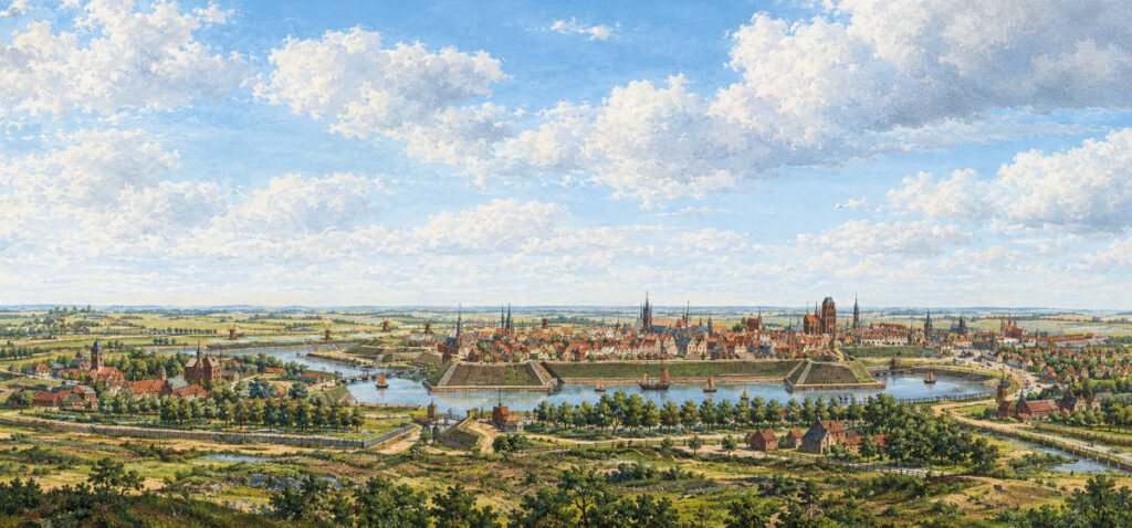 Panorama du sud de Gdansk en 1765. Gravure de Matthaus Deisch colorisée. Licence c0.