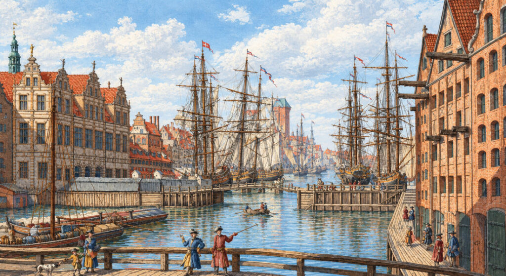 Port sur la Motlawa à Gdansk en 1765. Gravure de Matthaus Deisch colorisée. Licence c0.