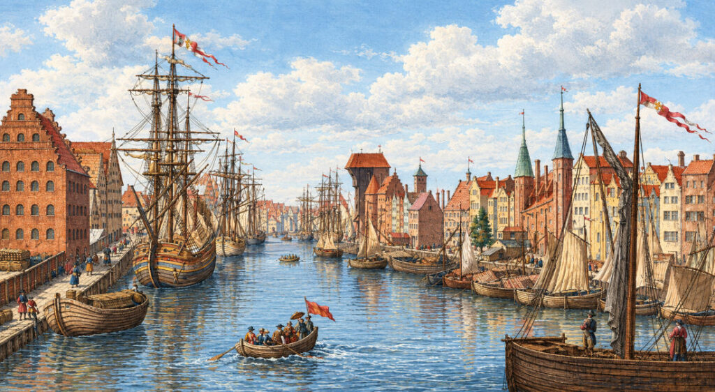 Port sur la Motlawa à Gdansk en 1765. Gravure de Matthaus Deisch colorisée. Licence c0.