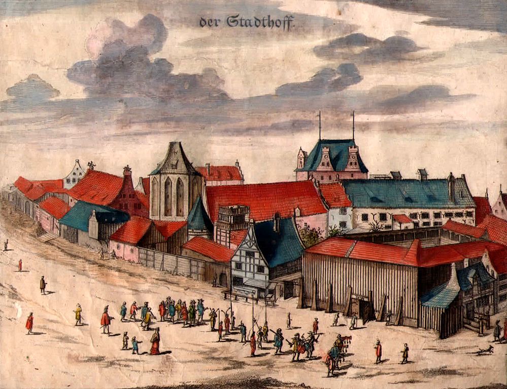 Ecole d'escrime (et scène de théâtre) à Gdansk au 17e siècle - Dessin de Peter Willer