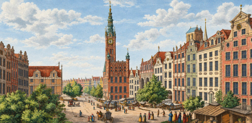 Hotel de ville et voie royale dans le centre historique de Gdansk. Gravure de Matthaus Deisch colorisée. Licence c0.