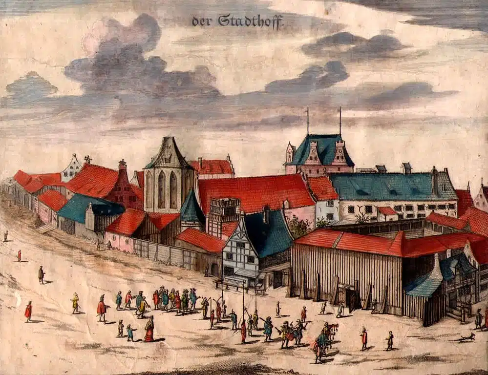 Ecole d'escrime (et scène de théâtre) à Gdansk au 17e siècle - Dessin de Peter Willer