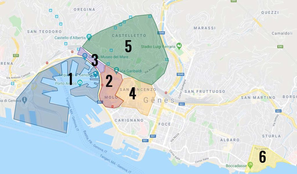 Carte des quartiers de Gênes en Italie : 1. Le port de Gênes, 2. La Vieille Ville de Gênes. 3. Le quartier du Pré 4. Le quartier de San Vincenzo. 5. Le quartier de Casteletto. 6. Le quartier de Boccadasse.