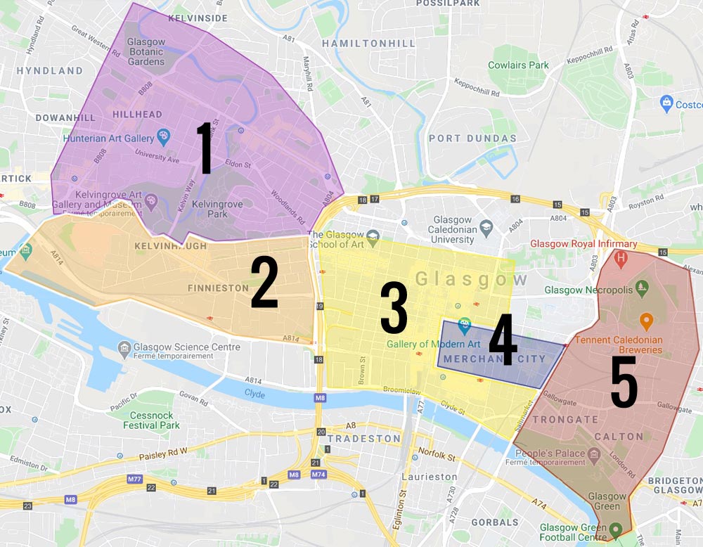 Carte des quartier de Glasgow : 1. West End, quartier chic 2. Quartier de Finnieston, étudiant et hipster 3. Centre de Glasgow 4. Merchant City : L'hypercentre 5. East End : Ancien quartier ouvrier