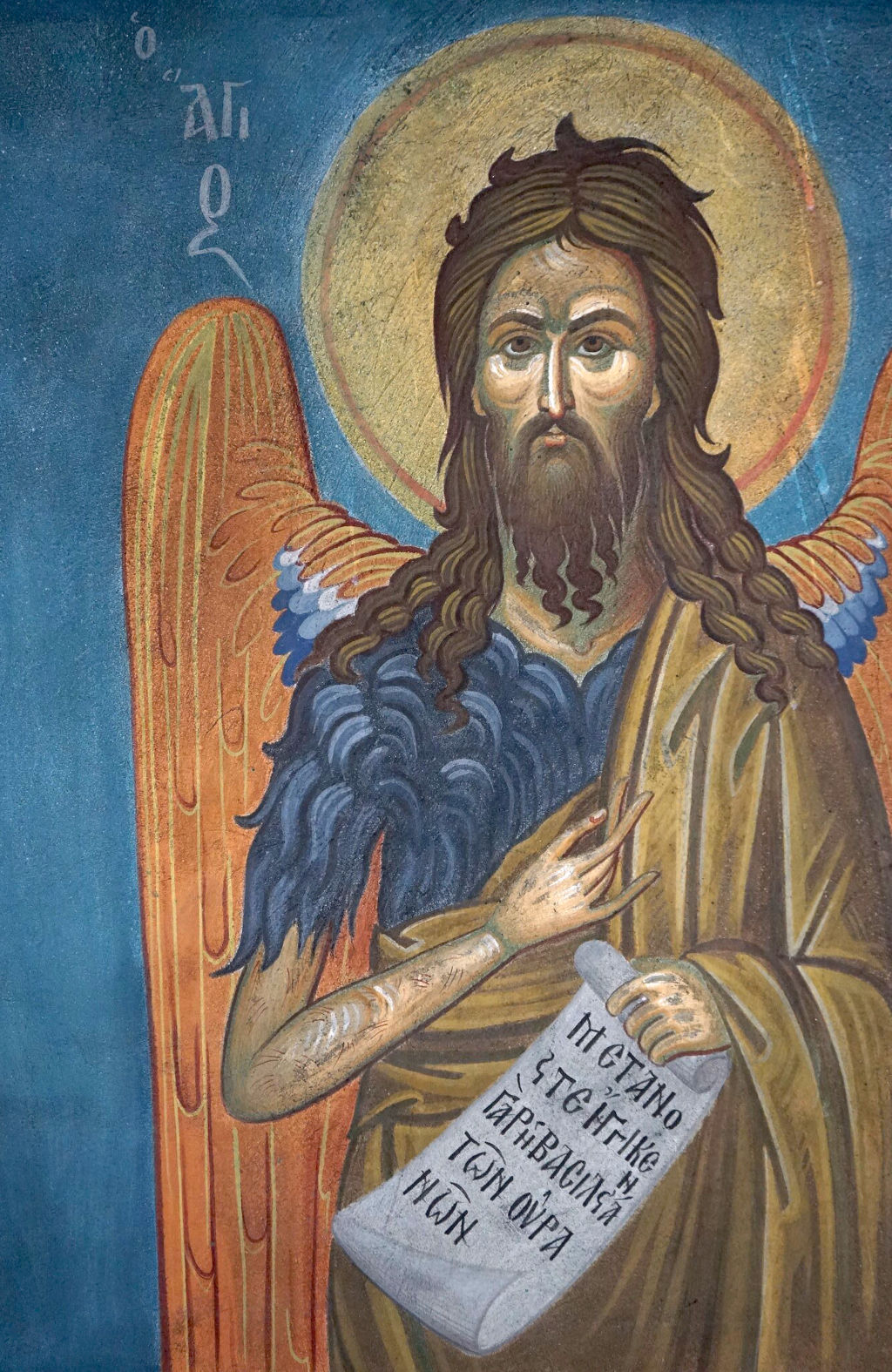 Saint Jean Baptiste et sa chevelure un peu folle à l'intérieur de l'église Agios Symeon à Sifnos.