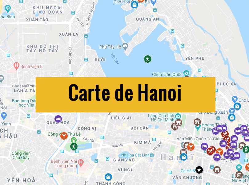 Carte de Hanoi (Vietnam) avec tous les lieux du guide touristique.