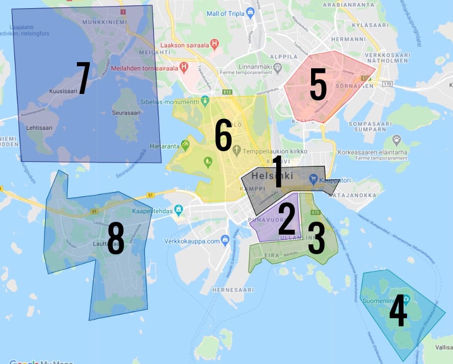 Carte des quartiers d'Helsinki : 1. Centre 2. Quartier du design 3. Helsinki sud 4. Îles forteresse de Suomenlinna 5. Quartier étudiant de Kallio 6. Quartier de Toolo 7. Quartier de l'ouest 8. Île de Lauttasaari