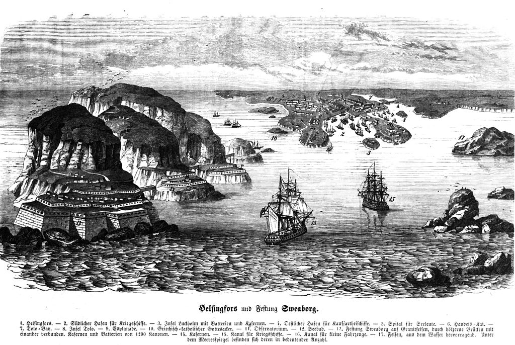 Représentation légèrement fantasmagorique des îles forteresse au sud d'Helsinki en 1854.