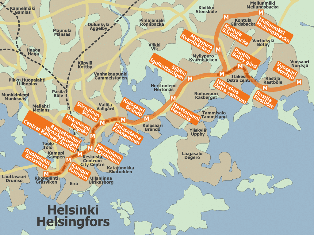 Transport en commun à Helsinki : Carte du réseau de métro.