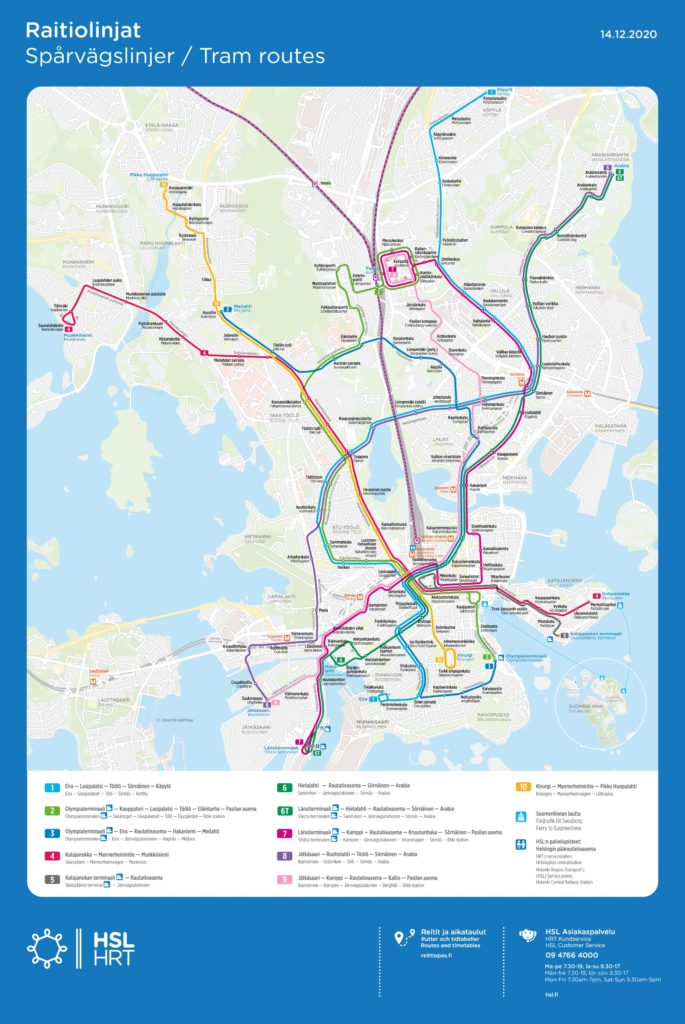 Transport en commun à Helsinki : Carte du réseau de tramways.