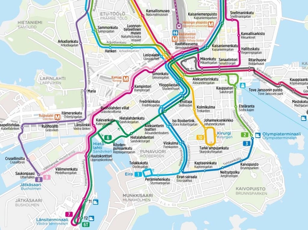 Transport en commun à Helsinki : Carte du réseau de metro et tramways.