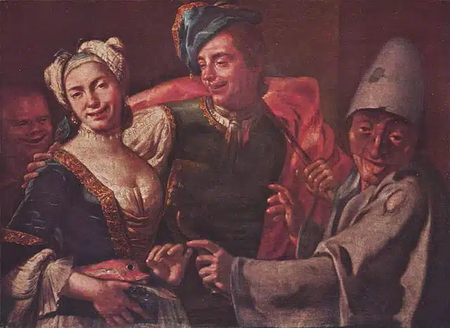Carnaval de Giuseppe Bonito (1750). Entre "Les mangeurs de ricotta" de Vincenzo Campi et "Eyes wide shut" de Kubrick. J'imagine qu'ils sourient tous bêtement en enfer. Musée Capodimonte.