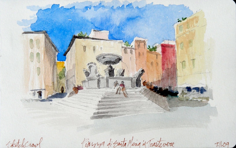 Piazza di Santa Maria in Trastevere à Rome dessiné par Matthew Brehm.