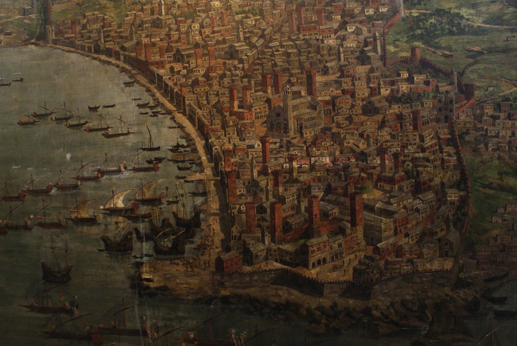 Illustration irréaliste de la Vieille Ville de Gênes avec la Cathédrâle San Lorenzo en plein centre.