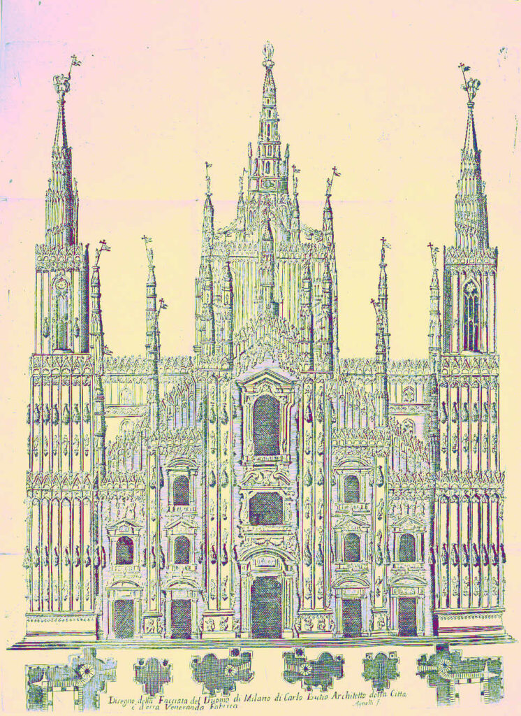 Façade colorisée du Duomo, la Cathédrale de Milan.
