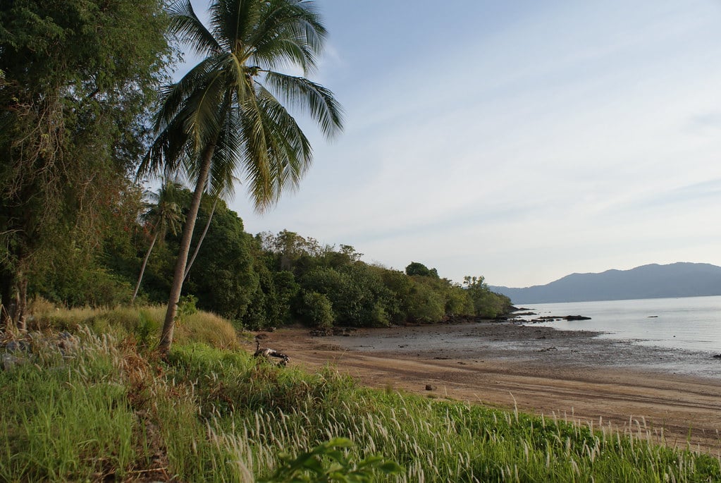 Sur l’île de Koh Lanta Noi, un varan venait de dévaler à tout allure le long de la plage. Koh Lanta Yai en arrière fond.