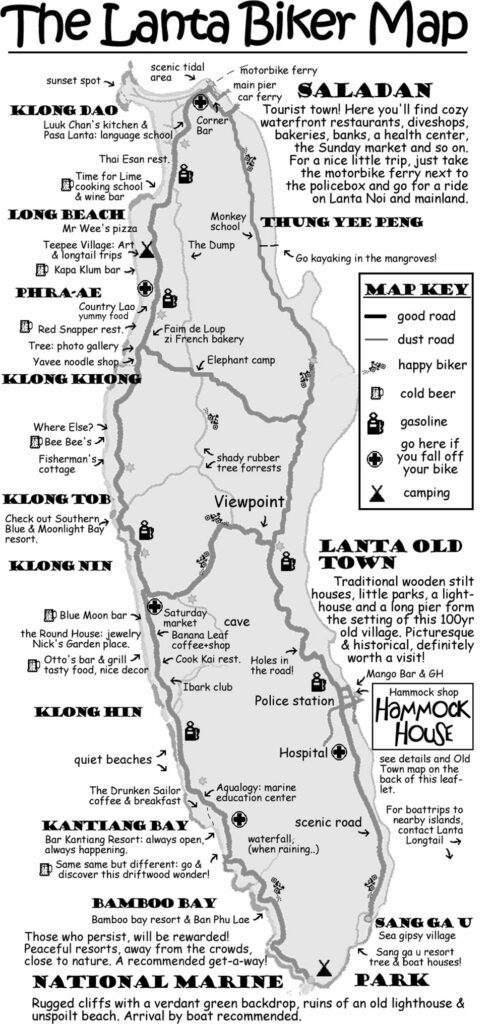 Carte de l'île de Koh Lanta en Thaïlande réalisée par la Hammock house.