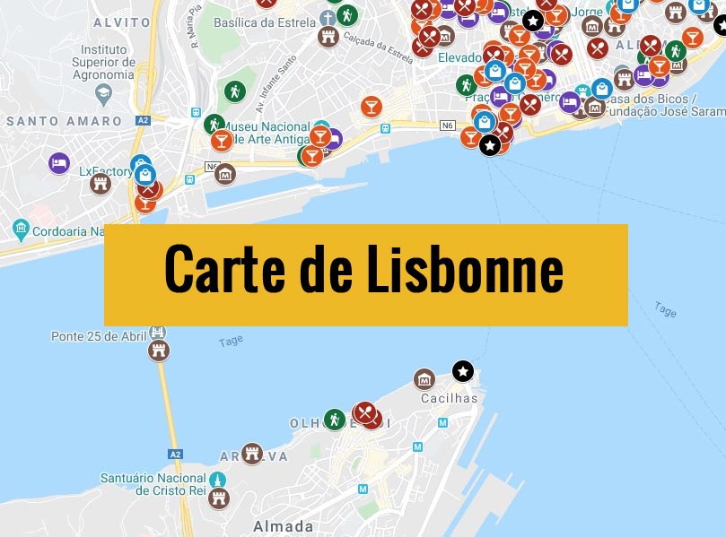 Carte de Lisbonne (Portugal) avec tous les lieux du guide touristique.