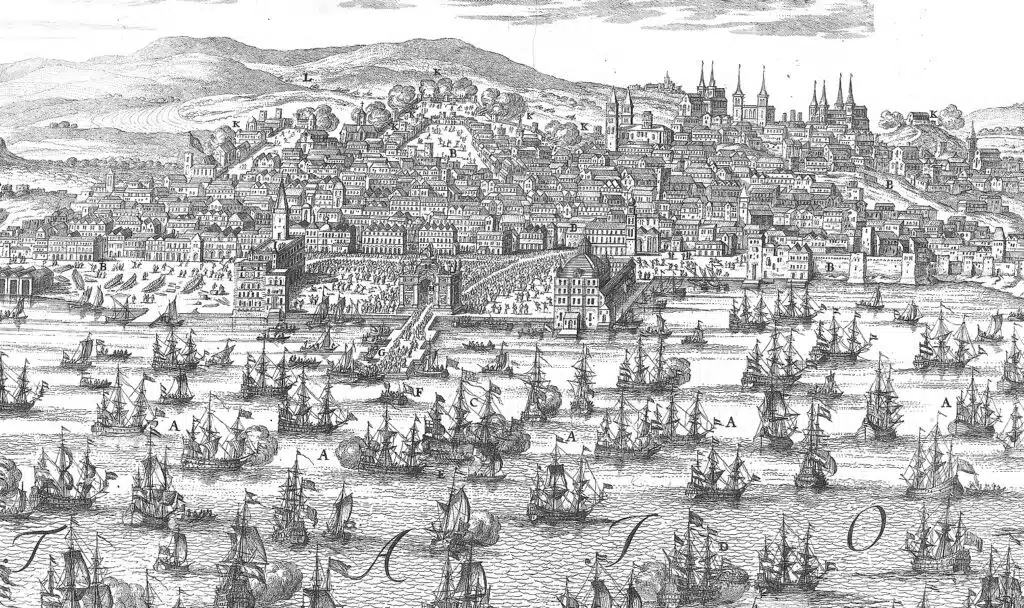 Vue sur Lisbonne depuis la rive opposée en 1704.