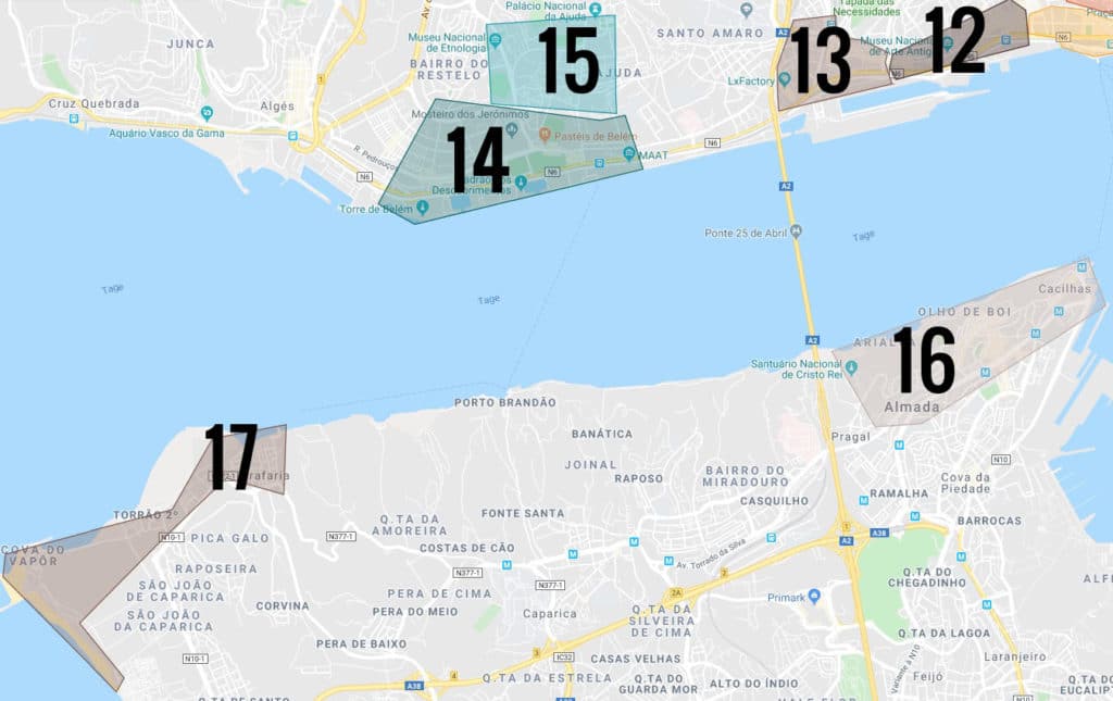 Carte des quartiers de Lisbonne : 12. Santos 13. Alcantara 14. Belem 15. Ajuda 16. Almada 17. Trafaira.