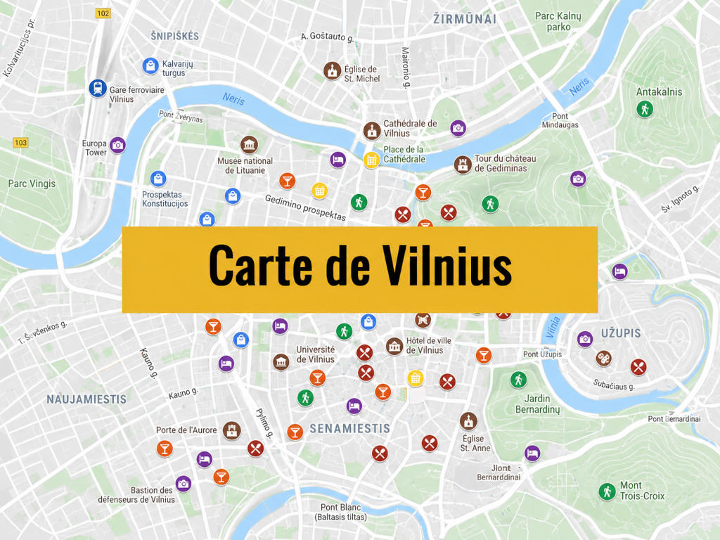 Carte de Vilnius (Lituanie) : Tous les lieux du guide