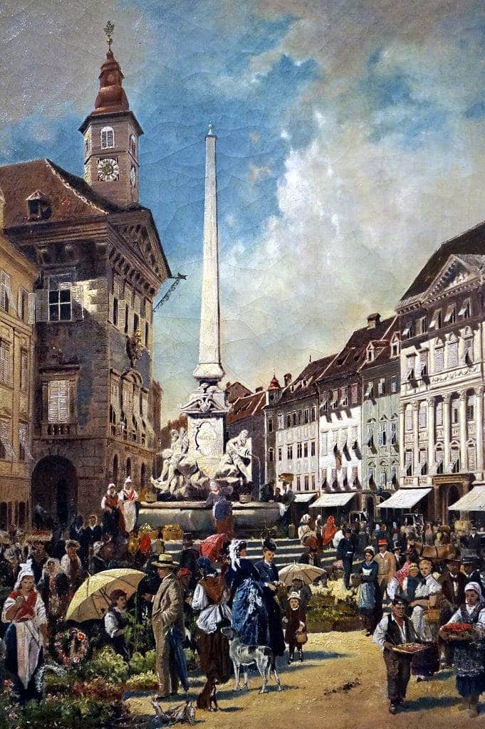 Dans le centre historique face à l'Hôtel de ville gothique. Tableau d'Alexander Wagner.