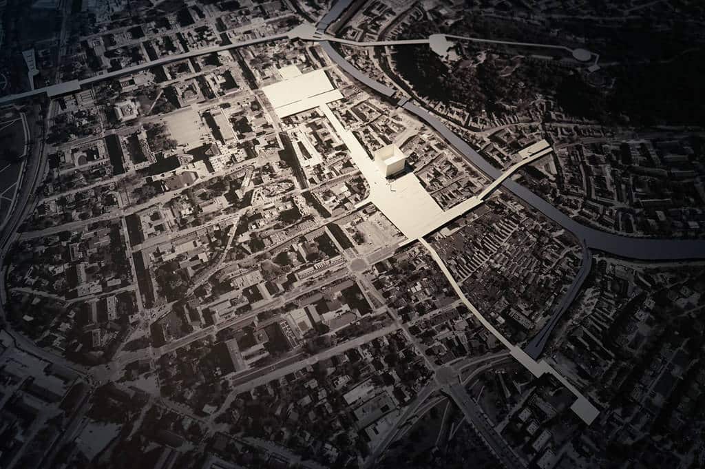 Plan de Ljubjlana avec les axes de Plecnik.