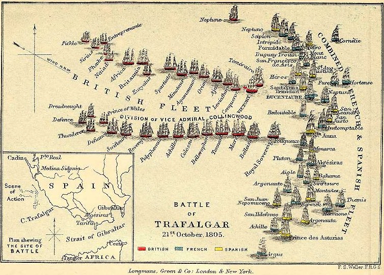 Bataille de Trafalgar : Les Anglais arrivent par l'ouest et "tronçonnent" les bateaux français et espagnols.