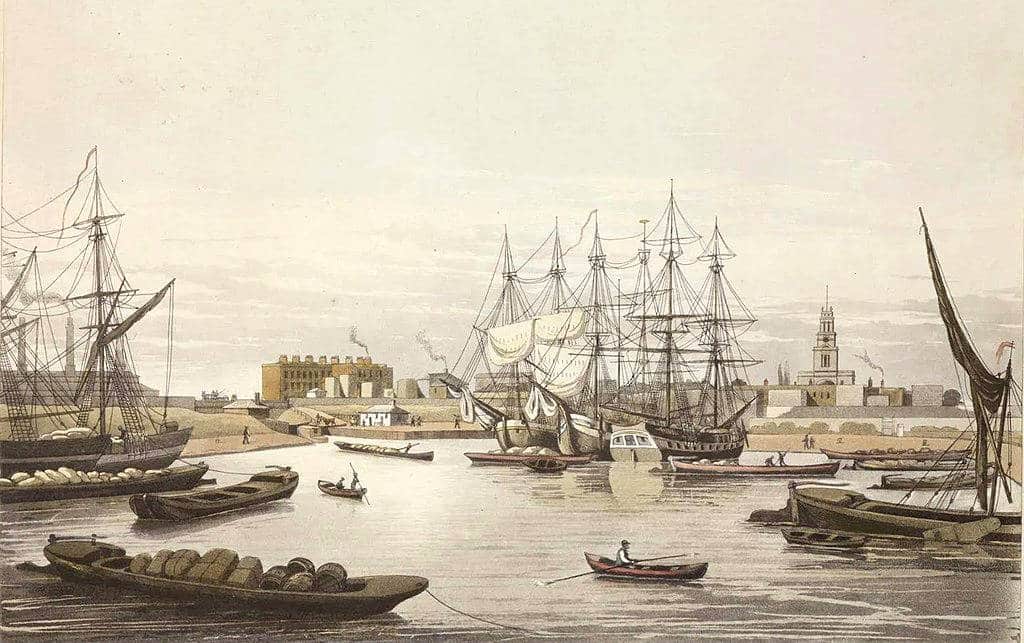 Bassin de Limehouse et liaison du Regent's canal et de la Tamise à l'est de Londres (1827). 