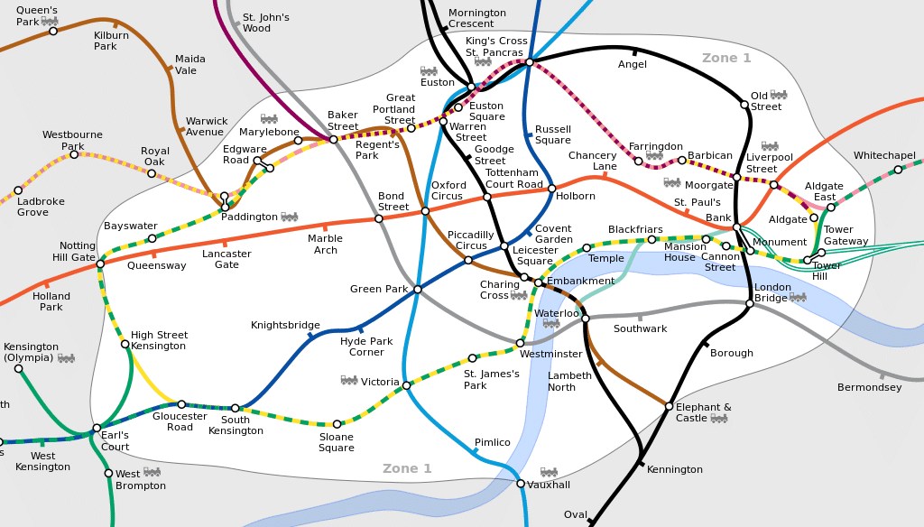 Carte de la Zone 1 du métro à Londres.