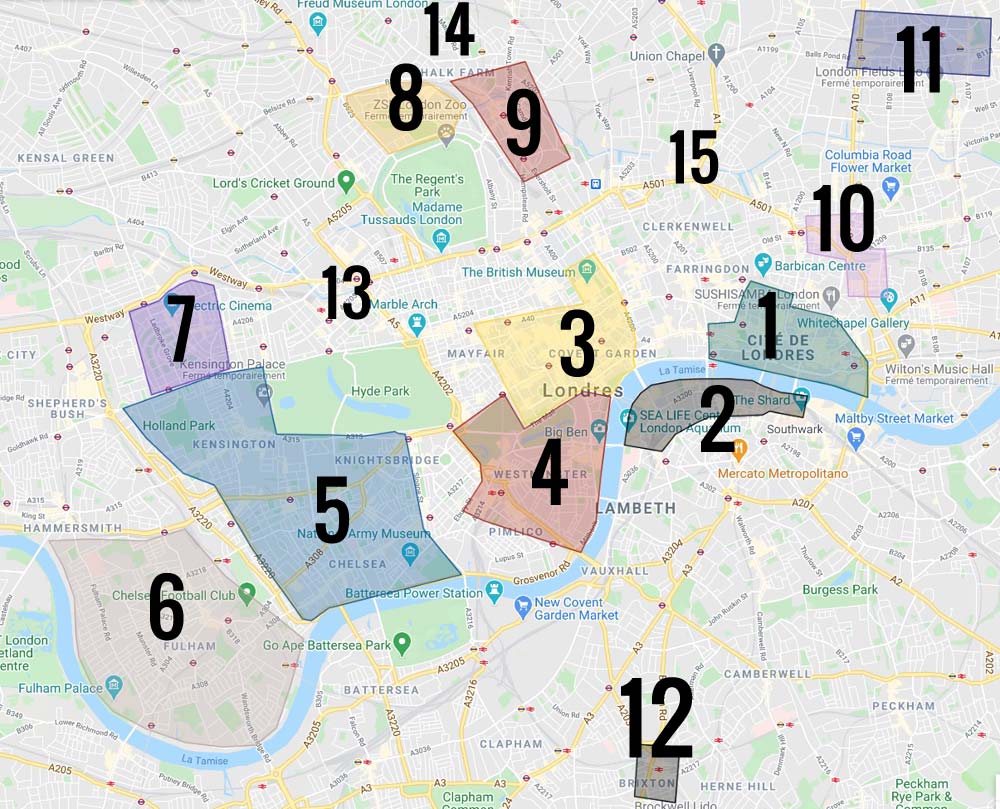 Carte des quartiers de Londres : 1. La City 2. South Bank 3. Soho et Covent Garden 4. Westminster 5. Kensington et Chelsea 6. Fulham 7. Notting Hill 8. Primrose Hill 9. Camden Town 10. Shoreditch et East End 11. Dalston et Hackney 12. Brixton 13. Paddington 14. Hampstead Heath 15. Islington