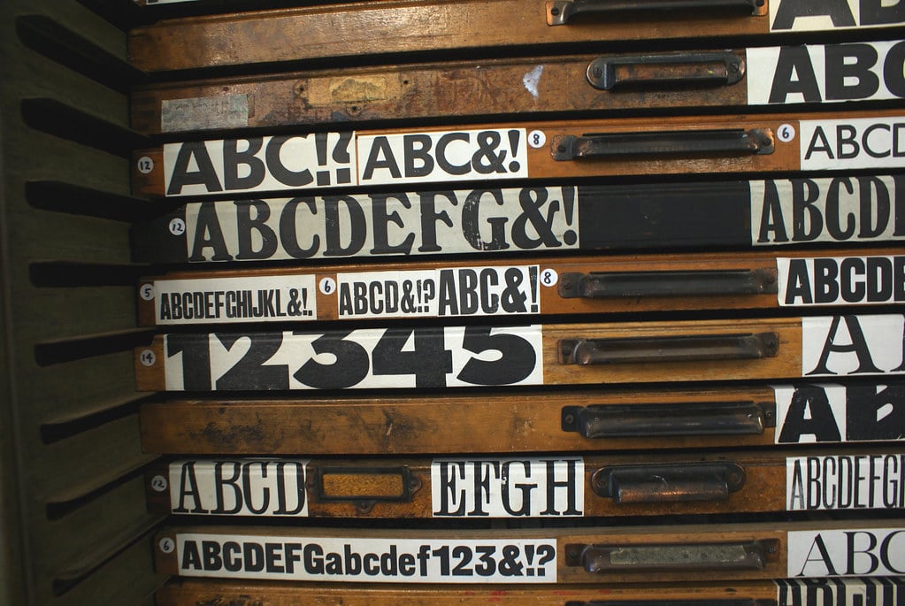 Tiroirs à typographie (cela doit avoir un nom spécifique?) du London Centre for book arts.