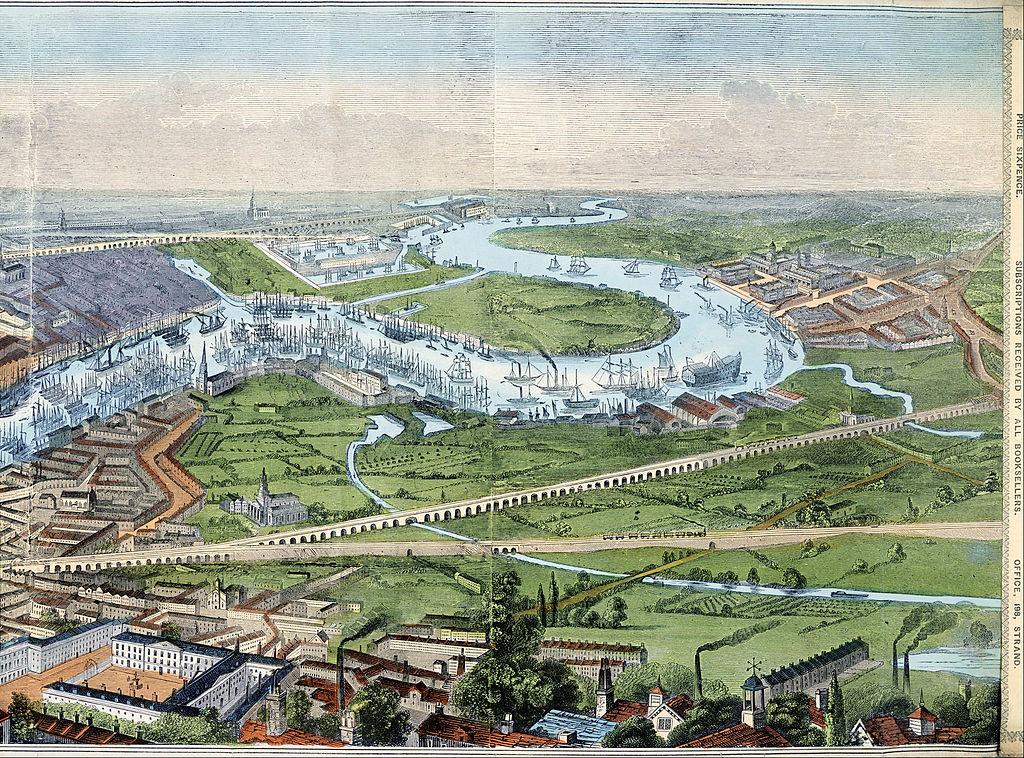 Panorama sur l'est de Londres avec son port, ses docks et Greenwich à droite - Image du Musée de Londres