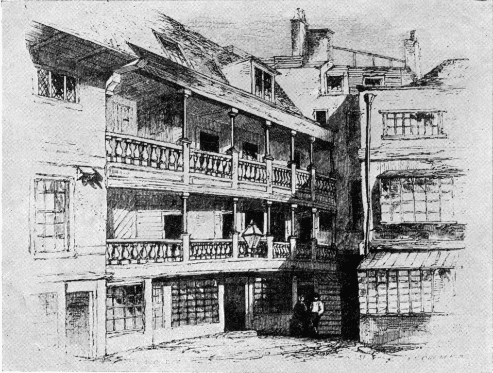 Lieu historique : The George Inn en 1858. C'est le seul pub avec un balcon extérieur à Londres.