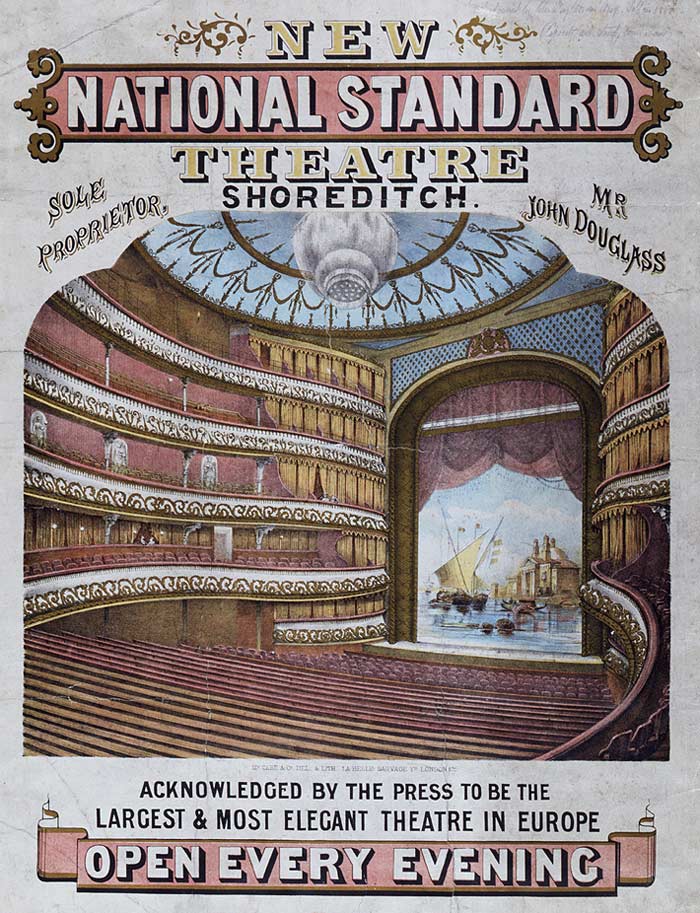 Affiche de théâtre à Shoreditch à Londres en 1867.