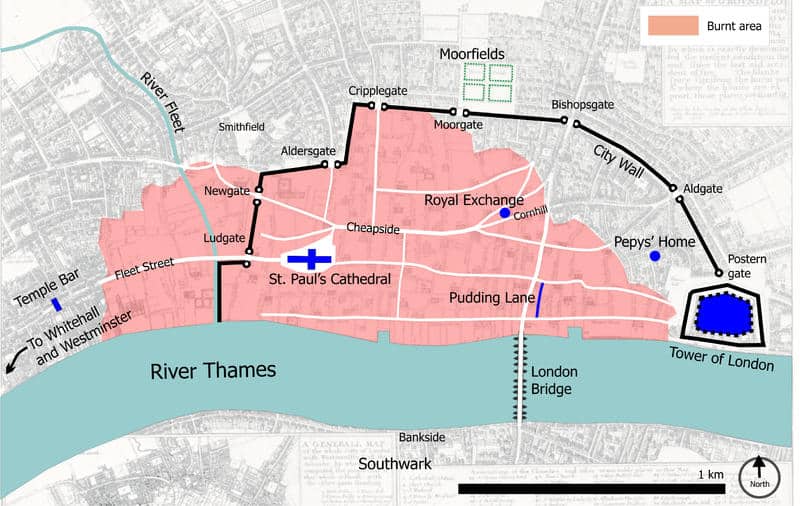 Partie de Londres ravagée par le grand incendie de 1666.