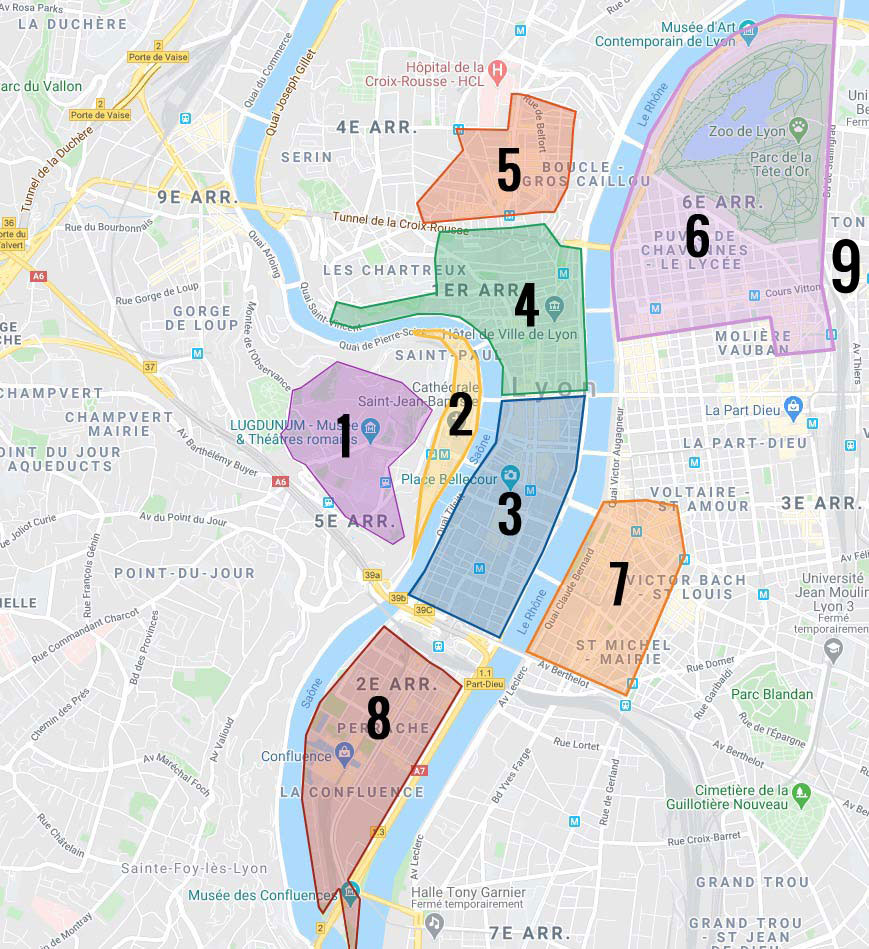 Carte des quartiers de Lyon : 1. Fourvière 2. Saint Jean (Vieux Lyon) 3. Presqu'île 4. Terreaux et pentes de la Croix Rousse 5. Plateau de la Croix Rousse 6. Quartier de la Tête d'or 7. Guillotière 8. Perrache et Confluence 9. Villeurbanne