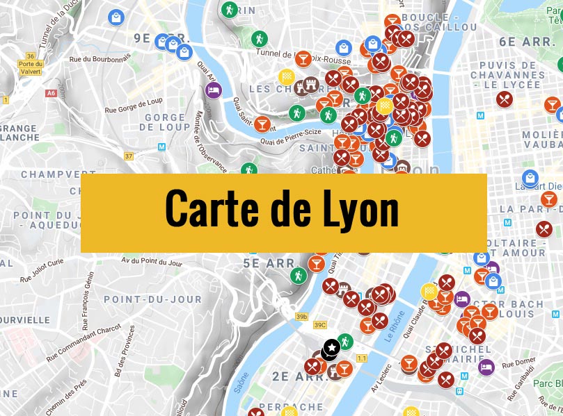 Carte de Lyon (France) avec tous les lieux du guide touristique.